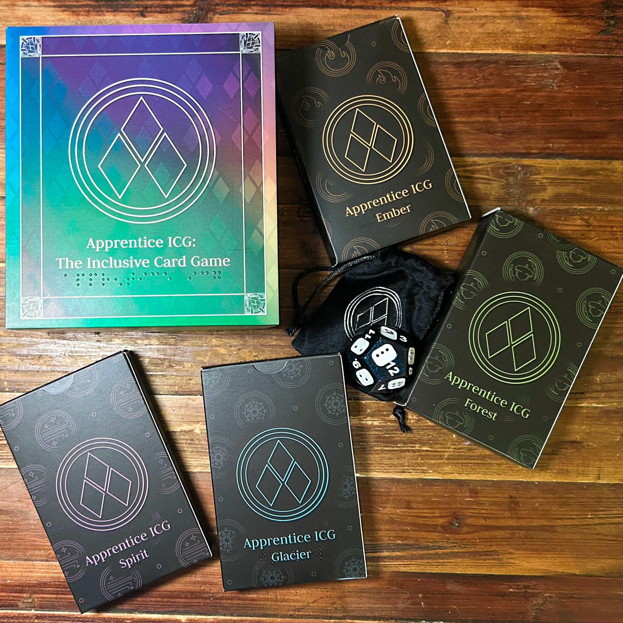 Apprentice ICG Box Contents array showing 4 tuckboxes and d12